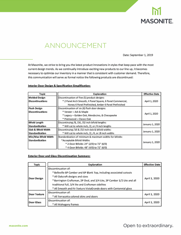 2020 Masonite Product Discontinuation